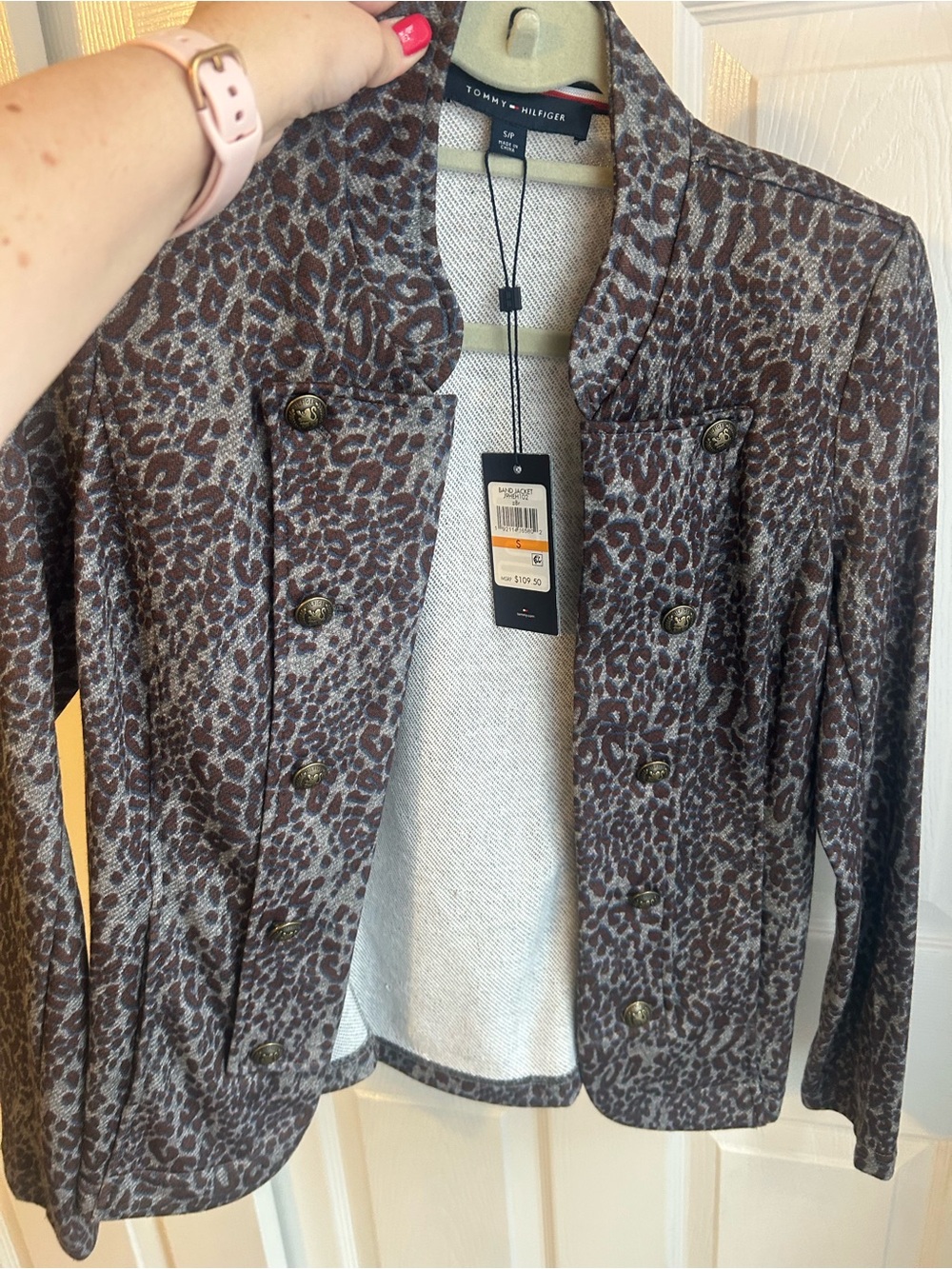 Tommy Hilfiger Brown & Blue Leopard Print Double-Breasted Jersey Blazer